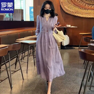 羅蒙（ROMON）文藝范高貴重工刺繡V領(lǐng)連衣裙女2025春季寬松顯瘦收腰氣質(zhì)長(cháng)裙子 紫色 L 【101-120斤】
