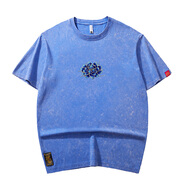 簡拓賀歲款國潮藍蓮花刺繡圓領(lǐng)短袖潮中國風(fēng)重磅春夏寬松男款t恤 藍色 常規(guī) XL 140-160斤