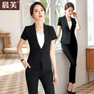 晨芙短袖小西裝女夏薄款職業(yè)西服套裝商務(wù)白領(lǐng)面試正裝酒店前臺(tái)工作服 單件黑色西裝 XL 建議110-120斤