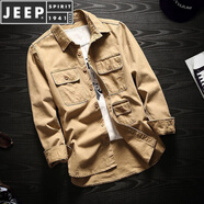 JEEP SPIRIT男裝純棉歐美風(fēng)外套男潮牌工裝長袖襯衫春季寬松襯衣上衣 卡其色 L