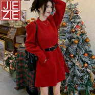 JEZE秋冬新款設(shè)計(jì)感收腰顯瘦打底裙子潮大碼女裝韓版時(shí)尚針織連衣裙女 紅色【z】 M 建議【90-105斤】