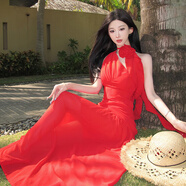 YIOU辣妹紅色顯白連衣裙女斜肩沙灘海邊度假長(zhǎng)裙拍照旅游穿搭2560 大紅色 M