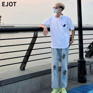 EJOT美式高街印花牛仔褲男十字架直筒百搭網(wǎng)紅小伙同款青春潮流學(xué)生褲 松緊腰酷藍色-高街美式[十字架 XL_105-120斤