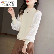 啄木鳥（TUCANO）春季新款小香風(fēng)燈籠袖假兩件T恤衫女洋氣外穿百搭半高領(lǐng)針織衫 米白色 M