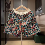 花花公子（PLAYBOY）夏季新款色織提花字母涂鴉短褲男士時尚潮流寬松五分褲百搭沙灘褲 花色 L (建議110-125斤)