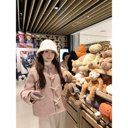 WANGJIANG秋冬新款學(xué)院風(fēng)牛角扣連帽毛呢外套女減齡甜美小個(gè)子短款呢子大衣 粉色 L