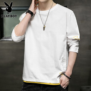 花花公子（PLAYBOY）純棉長(cháng)袖T恤男士衛衣男大碼春秋季裝薄款假兩件寬松上衣服打底衫 37白色 3XL