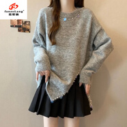 范哲狼（FANZELANG）法式釘珠灰色針織衫毛衣女2025冬新款大碼胖mm不規則開(kāi)叉亮片上衣 灰色毛衣【今年流行/設計感小眾/ M (80-100斤)