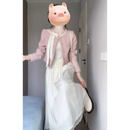 天啟世紀韓系小香風(fēng)短外套連衣裙套裝女秋冬新年高級感穿搭洋氣長(cháng)裙兩件套 粉色外套+連衣裙 M