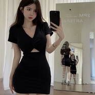 希諾佰迪（xinuobaidi）直播上鏡服裝收腰辣妹顯瘦裙子夏季鏤空短袖小個(gè)子連衣裙腰包臀裙 黑色 L