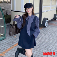口旋春秋搭配一整套韓系穿搭毛呢馬甲背心連衣裙子蝴蝶結(jié)格子襯衫套裝 藍(lán)色襯衣+藍(lán)色背心裙 XL