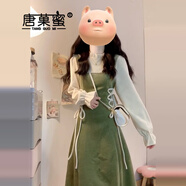 唐菓蜜法式氣質(zhì)假兩件背帶連衣裙女2025春秋新款韓系穿搭設計感收腰裙子 綠色 2XL