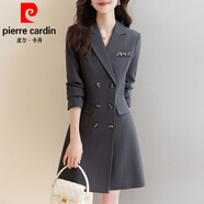 皮爾卡丹（pierre cardin）媽l媽春款女士長袖西裝連衣裙女春秋2025洋氣早春通勤穿搭春秋裙 灰色 [116-125斤] XL