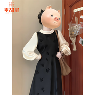 乖甜星春秋冬連衣裙女新款赫本感假兩件套裝法式穿搭小個(gè)子氣質(zhì)長(cháng)裙 假兩件黑色連衣裙 M