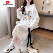 皮爾卡丹（pierre cardin）中長(zhǎng)款過(guò)膝長(zhǎng)袖連衣裙女秋季2025新款寬松慵懶風(fēng)開(kāi)叉連帽衛(wèi)衣裙子 900-3-白色(薄款) S (建議70-90斤)