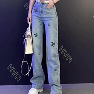 源夫人小香風(fēng)印花牛仔褲女早春新款寬松小個(gè)子歐洲站潮牌時(shí)尚直筒闊腿褲 圖片色套裝 M