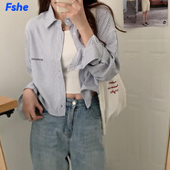 FSHE刺繡襯衫女韓版高腰上衣女豎條紋短款慵懶風計感長袖襯衣女外套潮 白底藍條 S
