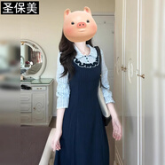 圣保美法式假兩件襯衫連衣裙女春秋季2025新款氣質(zhì)高級(jí)感a字長裙子顯瘦 藏藍(lán)連衣裙 M 碼
