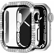 萬(wàn)浮生適用applewatch鉆石手表殼一體殼膜蘋(píng)果手表s10 s9手表帶保護殼水鉆s8帶鉆se鑲鉆十代iwatch保護膜 雙排鉆 亮銀色 殼膜一體 iWatch SE2/S6/S5/S4/SE 40