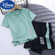 迪士尼（Disney）品牌夏裝童裝男童兒童套裝夏季速干短袖t恤運動(dòng)短褲女童網(wǎng)眼冰絲 綠色 納米拼色套裝 140 cm