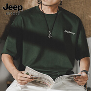 JEEP SPIRIT吉普美式280g重磅五分短袖T恤男純棉男士夏季潮寬松大碼半袖體恤 綠色 4XL 適合200-220斤