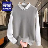 羅蒙（ROMON）假兩件毛衣男秋冬季襯衫領(lǐng)針織打底衫男韓版修身厚款保暖冬裝上衣 灰白拼 XL