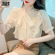 JRET法式襯衫女蝴蝶結(jié)系帶雪紡衫女春季新款洋氣百搭荷葉邊打底衫 杏色短.袖 [雙層有內(nèi)里不透] XL