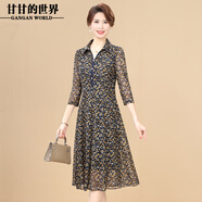 甘甘的世界新款碎花連衣裙2025春夏季洋氣時(shí)尚甘夫人中年裙子女裝 黑底黃花 L 適合95-110斤