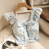 凌卡戚外穿甜美短款設計法式甜辣清新碎花蝴蝶結吊帶背心上衣胸墊 藍色 S 建議80-90斤