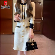 皮爾卡丹（pierre cardin）小香風(fēng)輕奢名媛氣質(zhì)連衣裙春秋新款小個(gè)子高級(jí)感別致漂亮仙女裙子 米白色 M