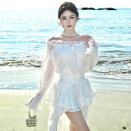 以歐（YIOU）2025新款度假法式浪漫仙女裙一字肩前短后長(cháng)飄逸度假連衣裙9695 白色 L