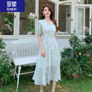 羅蒙（ROMON）雪紡連衣裙女裝夏法式暈染印花甜美V領(lǐng)顯瘦飄逸荷葉邊A字長(cháng)裙 淺綠色 S