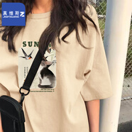 真維斯（JEANSWEST Z+）純棉短袖t恤女春秋季新款休閑打底衫寬松上衣美式潮牌體恤情侶T恤 卡其（貓咪新燕抹茶） XL （120-135斤）