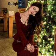 RUIQIUER紅色針織連衣裙女春秋季新款女裝立體花朵木耳邊設(shè)計(jì)感韓版長裙子 連衣裙 S