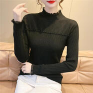 伊琦蕾女士春秋新款甜美打底衫女毛衣半高領(lǐng)修身蕾絲內搭針織衫上衣 黑色 M 建議95-110斤