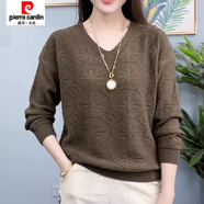 皮爾卡丹（pierre cardin）女士裝休閑春秋季純色毛衣V領(lǐng)百搭時尚寬松長袖針織打底衫上衣服 咖啡色 S