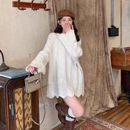 予瑾韓系不規則花邊鏤空針織上衣女秋溫柔風(fēng)休閑甜美露肩寬松套頭毛衣 白色 120-130斤 XL