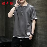 雅鹿短袖T恤男夏季薄款男裝男士潮牌港風(fēng)學(xué)生五分袖寬松圓領(lǐng)體恤上衣 2130深灰 2XL