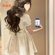 乖甜星法式甜辣泡泡袖字裙女2025夏季新款小個(gè)子蝴蝶結短袖連衣裙潮 杏色 【后背蝴蝶結+脖飾】 XL 建議125-140斤穿
