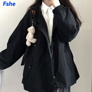 FSHE連帽長袖工裝外套女2025年春秋新款韓版學院風寬松百搭學生上衣潮 黑色 常規(guī) L