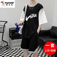 啄木鳥青少年運(yùn)動(dòng)套裝男大童夏裝籃球衣服初中高中學(xué)生帥氣男孩短袖t恤 TZ561黑色套裝（上衣加短褲） XL