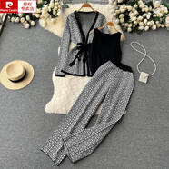 皮爾卡丹（pierre cardin）歐美洋氣印花休閑套裝女披肩外套+V領(lǐng)打底針織衫+闊腿長(cháng)褲三件套 黑色套裝 (80-130斤) 均碼