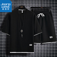 真維斯（Jeanswest）短袖T恤男士套裝休閑兩件套純色圓領(lǐng)夏季透氣吸汗體恤男士寬松 A333-9059黑色 L （115-130斤）