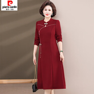 皮爾卡丹（pierre cardin）加絨加厚長(zhǎng)袖連衣裙女秋冬新款改良旗袍裙紅色修身中長(zhǎng)款裙子 2390酒紅色【不加絨】 3XL 建議121-135斤