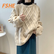 FSHE加厚保暖麻花套頭中長(cháng)款大版毛衣女2025秋冬新款學(xué)院風(fēng)寬松針織衫 米白色[大版型] 加厚 3XL 建議145-155斤