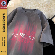 楠笙記男生t恤夏天中袖寬松青少年學(xué)生短袖重磅港風(fēng)ins潮牌純棉體恤衫 深灰 M