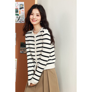 詩(shī)凡黎（‘S EIFINI）詩(shī)凡黎新疆長(cháng)絨棉撞色圓領(lǐng)絞花針織衫2025春新款文藝復古外搭開(kāi)衫 黑白條 S 【偏大,建議拍小一碼】