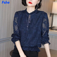 FSHE2025年秋裝新款襯衫女薄款長(cháng)袖打底衫遮肚小衫女裝碎花雪紡上衣潮 寶藍花（213 長(cháng)袖） XL 建議110-120斤