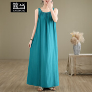 簡(jiǎn)當（JIANDANG）大碼女裝夏季慵懶風(fēng)背心裙簡(jiǎn)約懶人裙無(wú)袖長(cháng)款褶皺純色連衣裙2020 藍色 L 【120-140斤】
