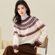 金菊新年紅品100%綿羊毛秋冬新款圓領(lǐng)民族風(fēng)毛衣女羊毛衫 米咖 L 
